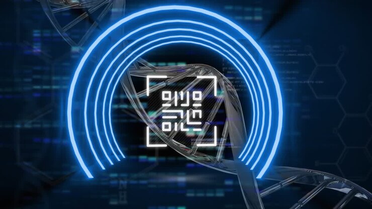 Digital animation of glowing qr code over dna structure and mosaic squares on black background