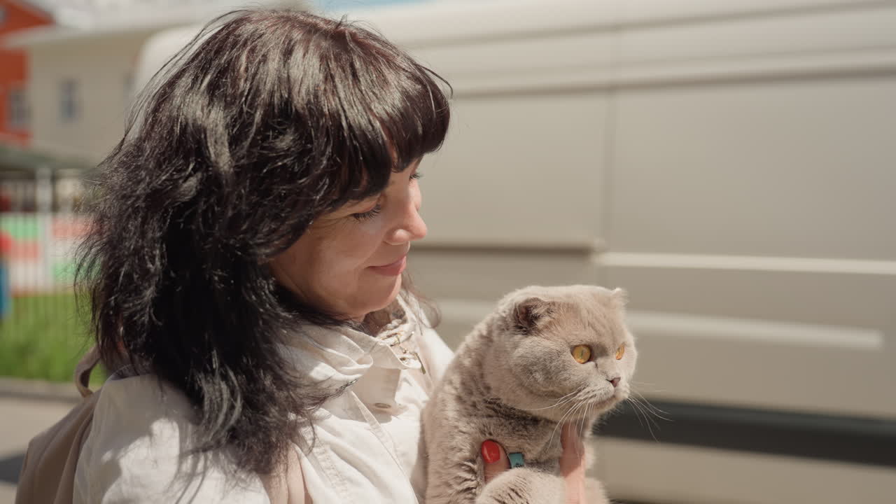 Caucasian Woman Strolls With Her Gray Feline, Woman Of European Descent Carefully Walks Alongside Her Gray Pet, Caucasian Lady Maintains Cautious Grip On Her Gray Cat While Walking Nearby