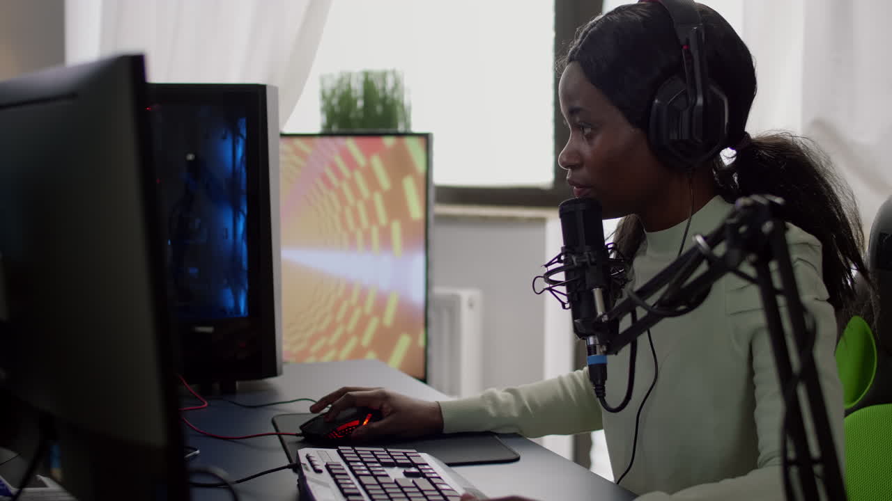 Streamer woman winning space shooter video game