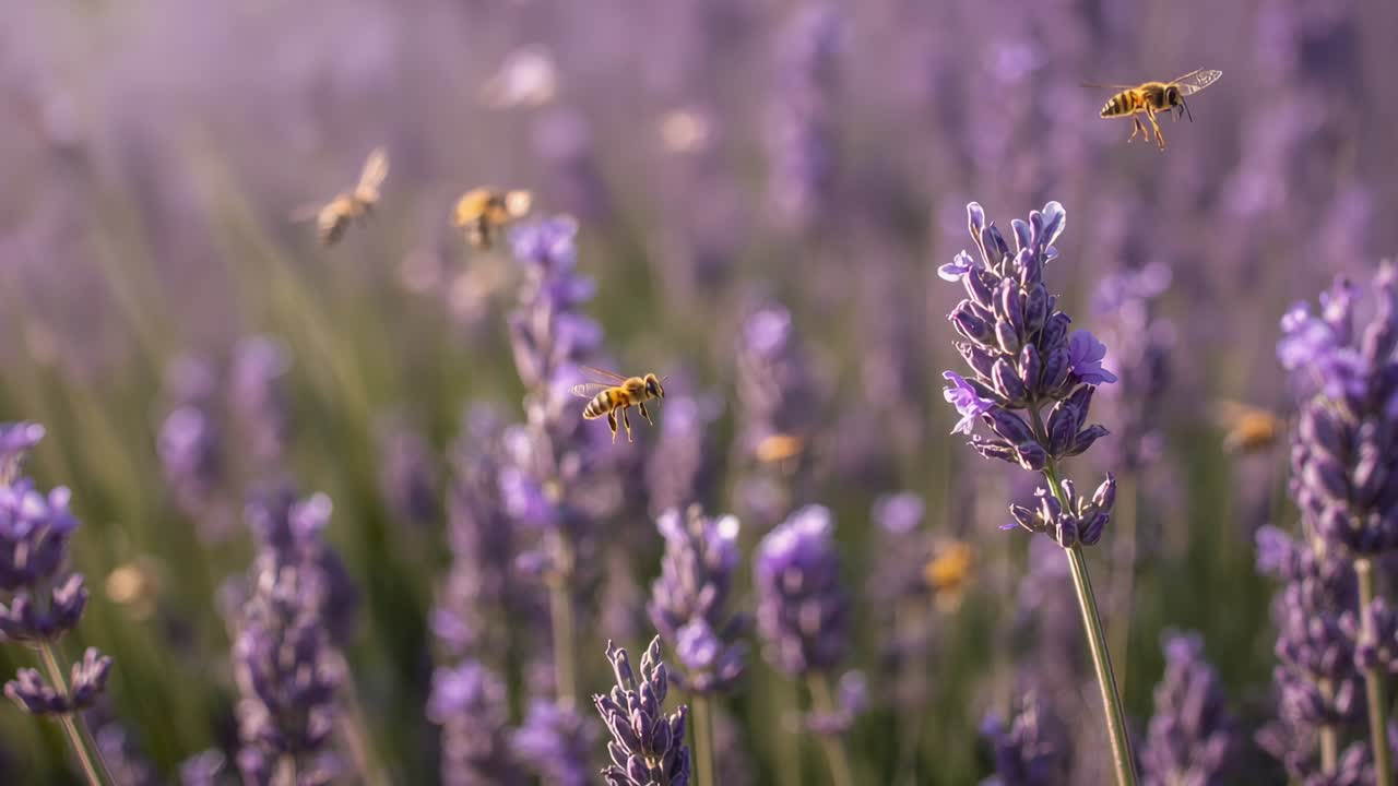 Ape che si librano e ronzano attorno allo stelo principale di lavanda nel campo, attirate dal sole caldo e intente a raccogliere il polline