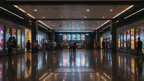 a vibrant movie theater lobby filled with movie posters and patrons interacting before the show starts, showcasing a lively cinematic experience