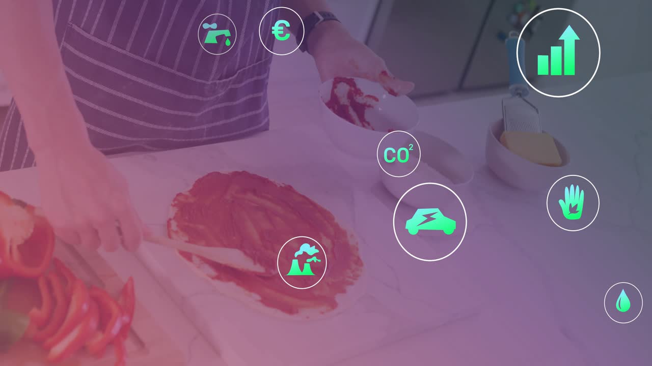 Teen boy picking spatula on counter spreading tomato sauce, eco icons floating illustrating metrics