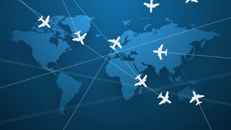 los aviones de pasajeros están volando alrededor del mundo de nuevo. concepto de viajes, negocios e industria. mapa del mundo con rutas aéreas. personas y mercancías se transportan en todo el mundo. fondo de movimiento bucle infinito.