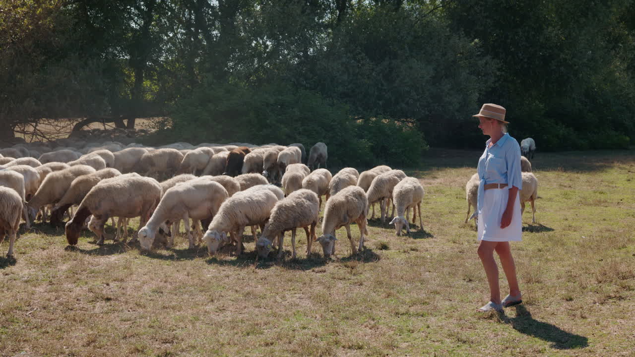 Woman with Herd of Sheep in Pasture