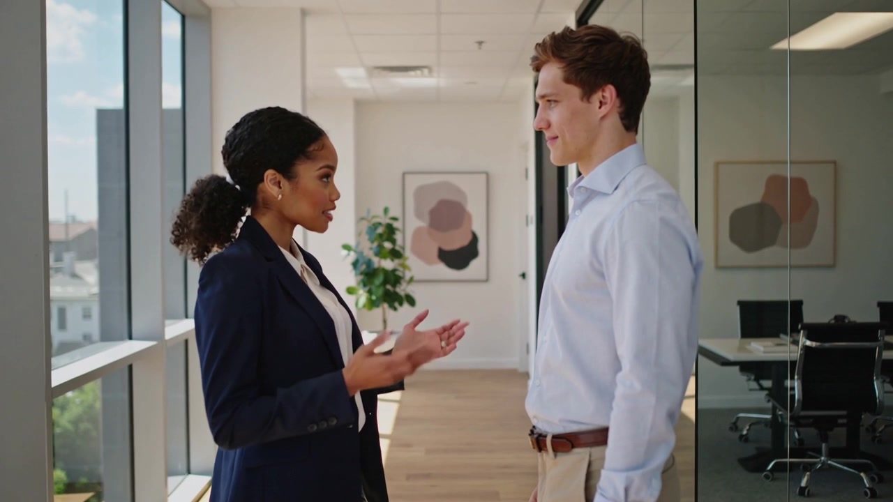 Greeting in office corridor woman in navy suit gesturing, clarifying while man listening by windows