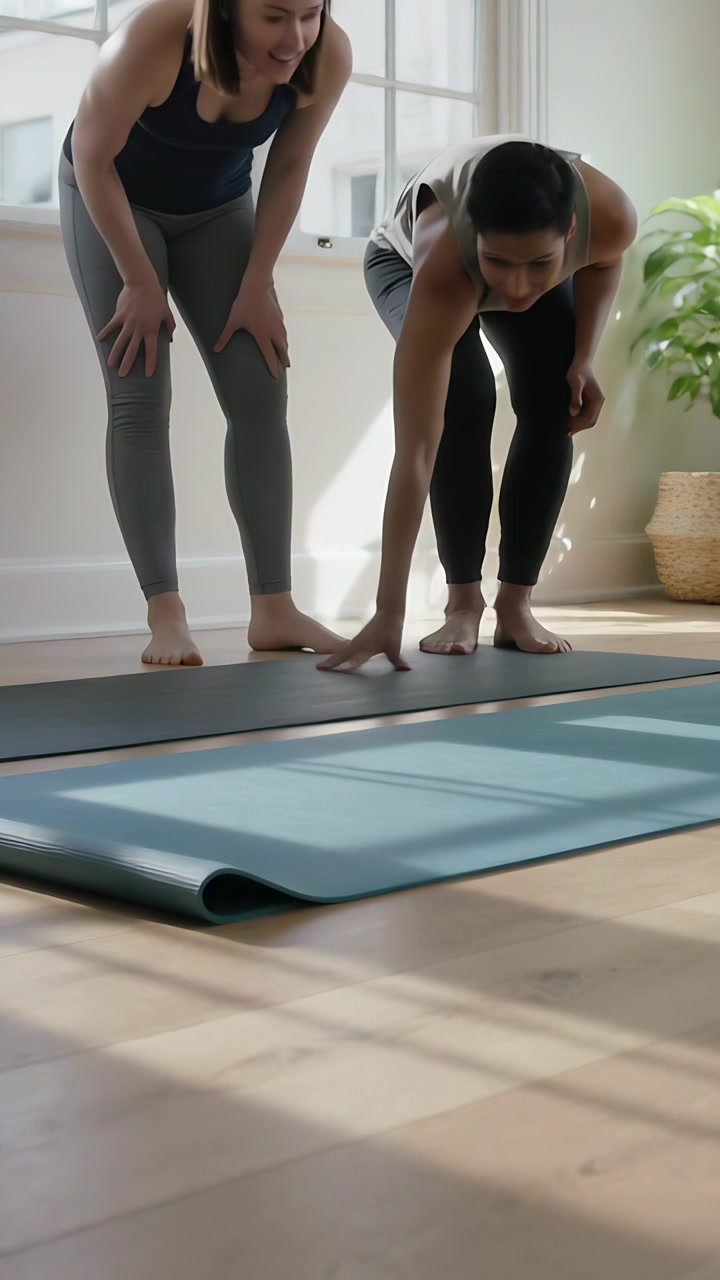 Vertical video: Kneeling woman unrolling teal mat barefoot in studio, others adjusting for practice