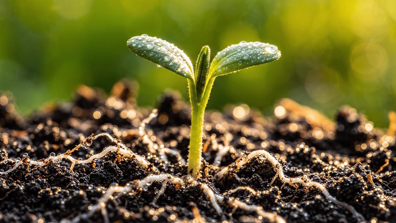 Una giovane piantina emerge da un terreno fertile, simboleggiando nuovi inizi e crescita in un ambiente vibrante e lussureggiante, pieno di speranza e potenziale