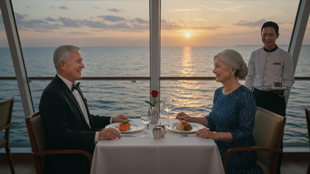 Romantic Dinner by the Sea: A couple enjoys a picturesque dining experience at sunset, with attentive service amplifying the elegant atmosphere