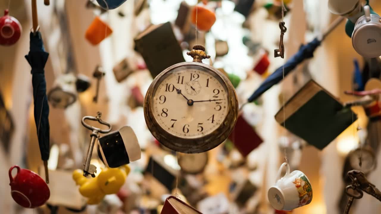 Close-up de Instalação de Arte Suspensa Lúdica com Relógios e Livros