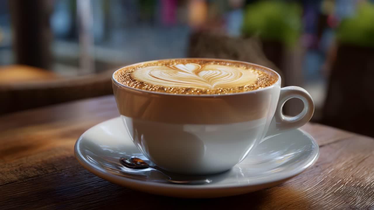 Raffinata latte art in una tazza di caffè bianca su un tavolo di legno, con un intricato design a forma di cuore su uno sfondo esterno leggermente sfocato