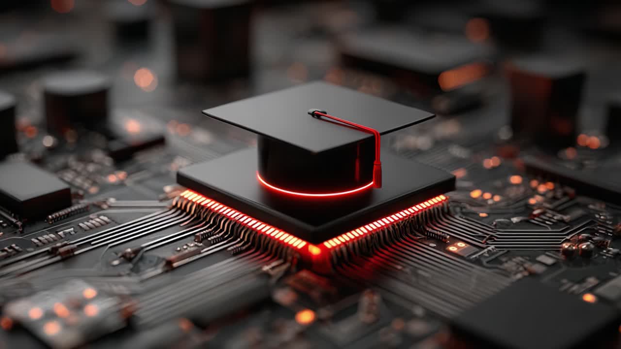 En imponerende visuel repræsentation af krydsfeltet mellem teknologi og uddannelse, der viser en studenterhue på et printkort, som afspejler moderne læringsinnovationer