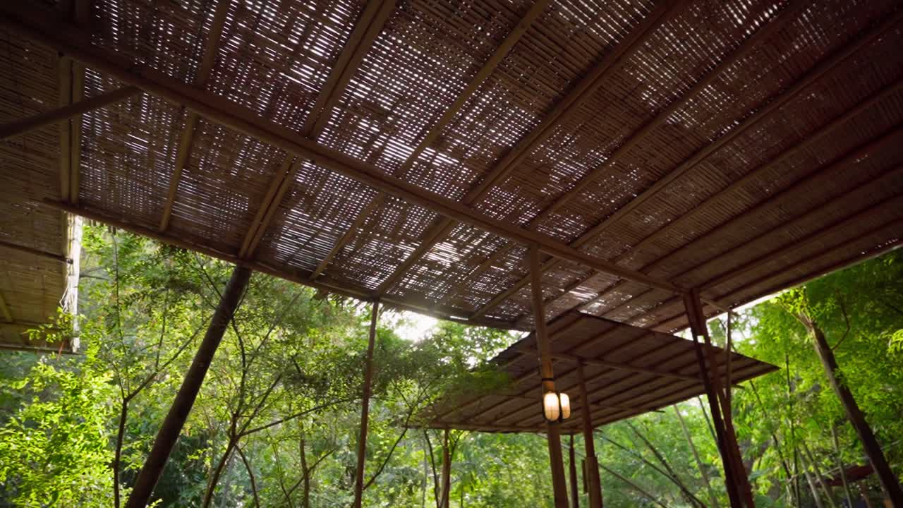imágenes de 4k de un refugio construido con bambú en un exuberante bosque verde en un resort de tailandia