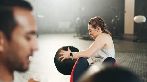 gym exercise, man and woman with ball for strong