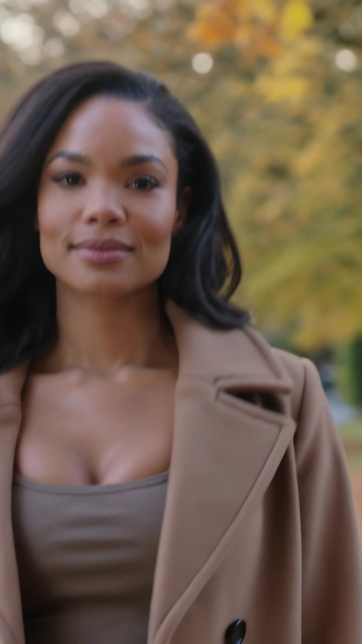 Vídeo vertical: Câmera recuando, modelo girando no parque, exibindo casaco bege, blusa taupe e jeans.