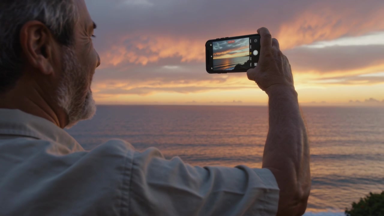 Homem idoso de camisa clara erguendo o smartphone, enquadrado pelo pôr do sol que o atrai, capturando o horizonte
