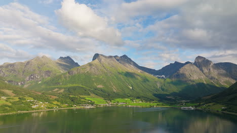 wide angle aerial view of stunning scandinavian landscape and fjord