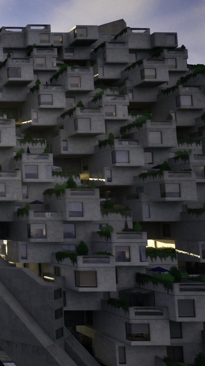 Moderne bygningsdesign med unik struktur og grøn beplantning på ydersiden.