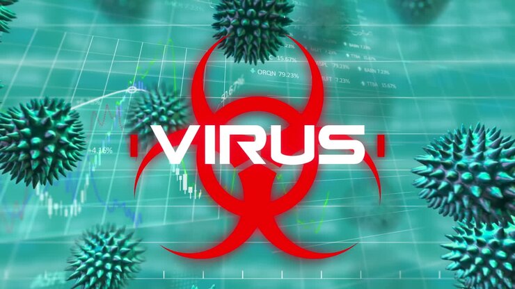 Animation af ordet Virus med spredende coronavirus og børsnoteringer og grafer