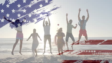 animation of flag of usa over happy diverse friends on beach in summer