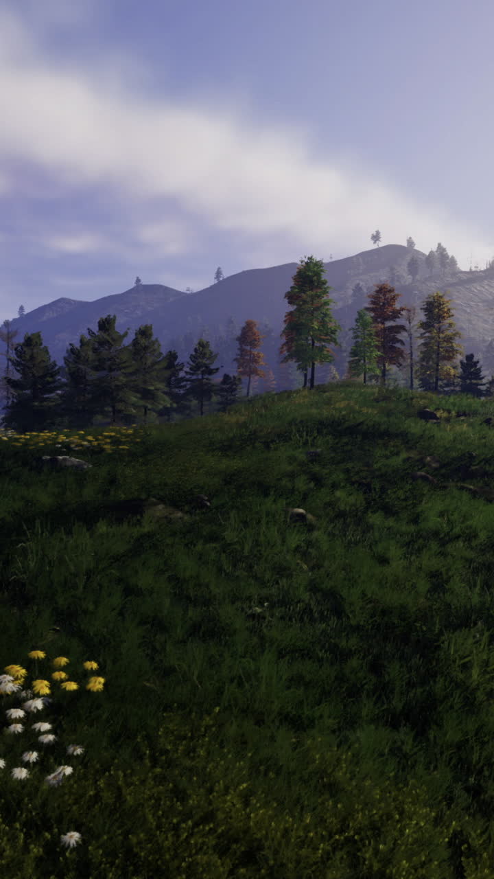 Lush hillside with vibrant greenery and distant mountains at dawn