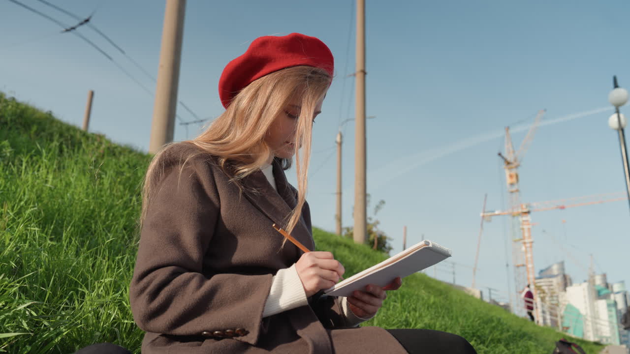 Donna che disegna su un pendio erboso, indossando un basco rosso e un cappotto marrone, concentrata su taccuino e matita. Skyline urbano con gru e lampioni, cielo azzurro limpido, atmosfera riflessiva. I ruoli includono illustratrice, viaggiatrice.