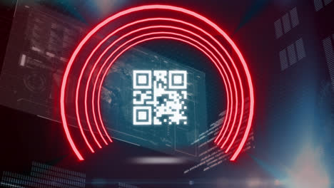 digital animation of glowing qr code over multiple screens with data processing on blue background