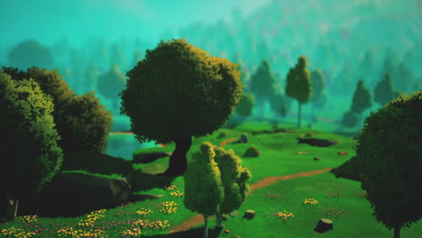 paisaje de bosque verde de dibujos animados con árboles y lago