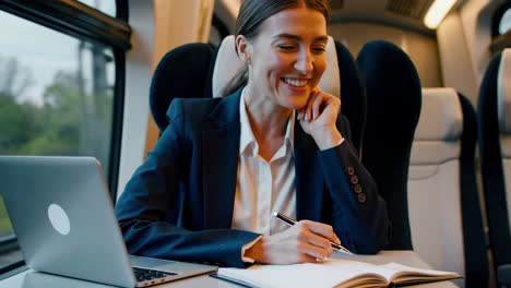 businesswoman working on laptop while traveling by train