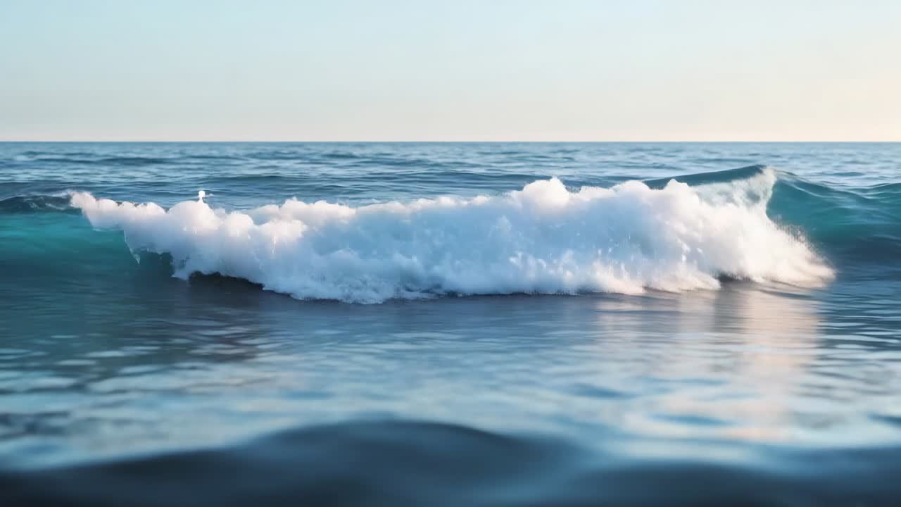 Forming offshore swell and sending breaking ocean wave toward camera nearshore, with foam and sun