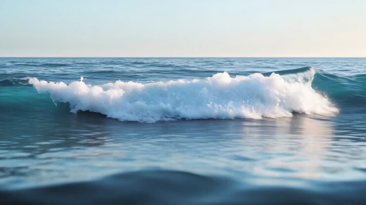 Forming offshore swell and sending breaking ocean wave toward camera nearshore, with foam and sun