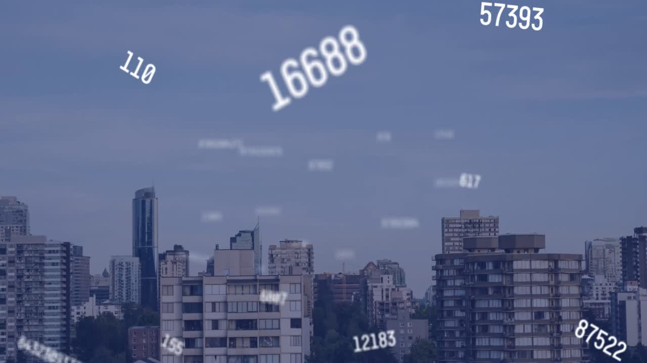 도시 풍경 위에서 떨어지는 숫자의 애니메이션