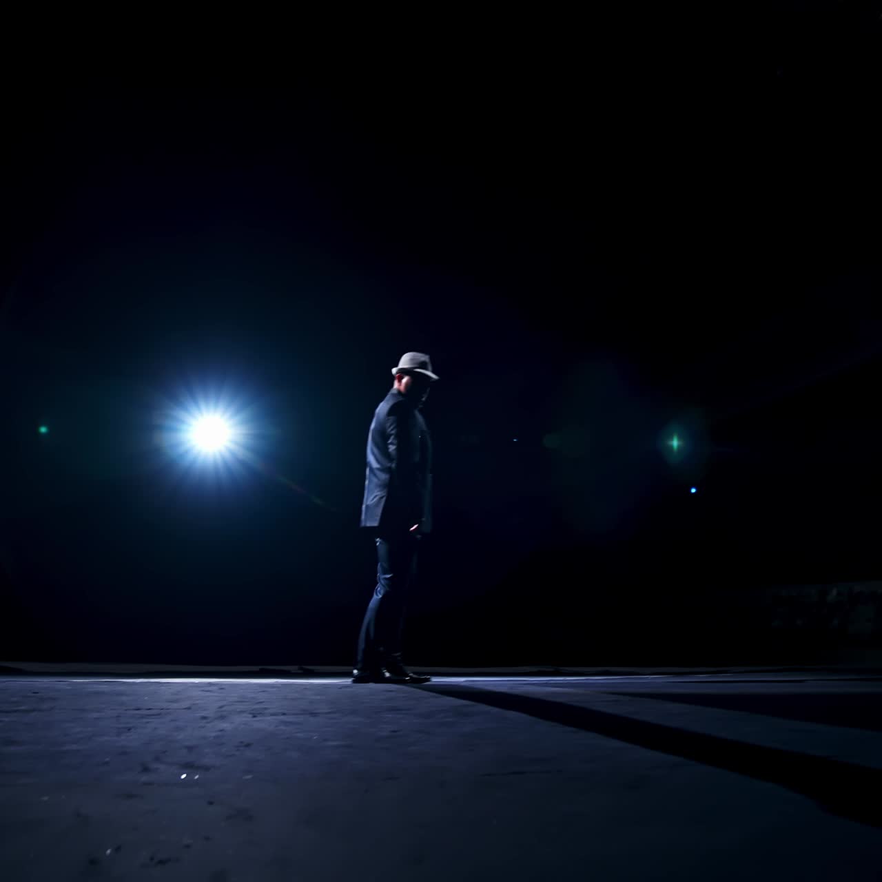 Senior man in costume on stage in darkness. Active man in hat dancing on stage during the performance in the theater