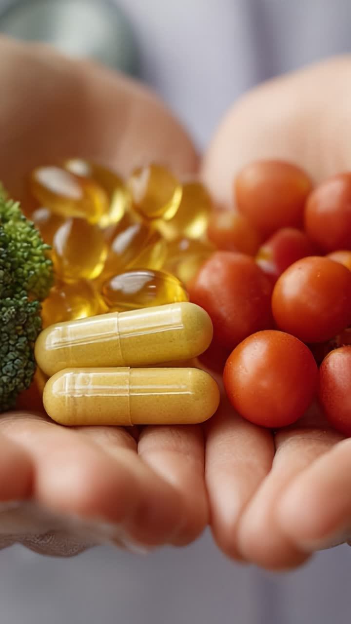 Equilibrio nutrizionale: focus su vitamine e alimenti naturali che evidenziano il ruolo essenziale degli integratori e dei prodotti freschi in una dieta sana