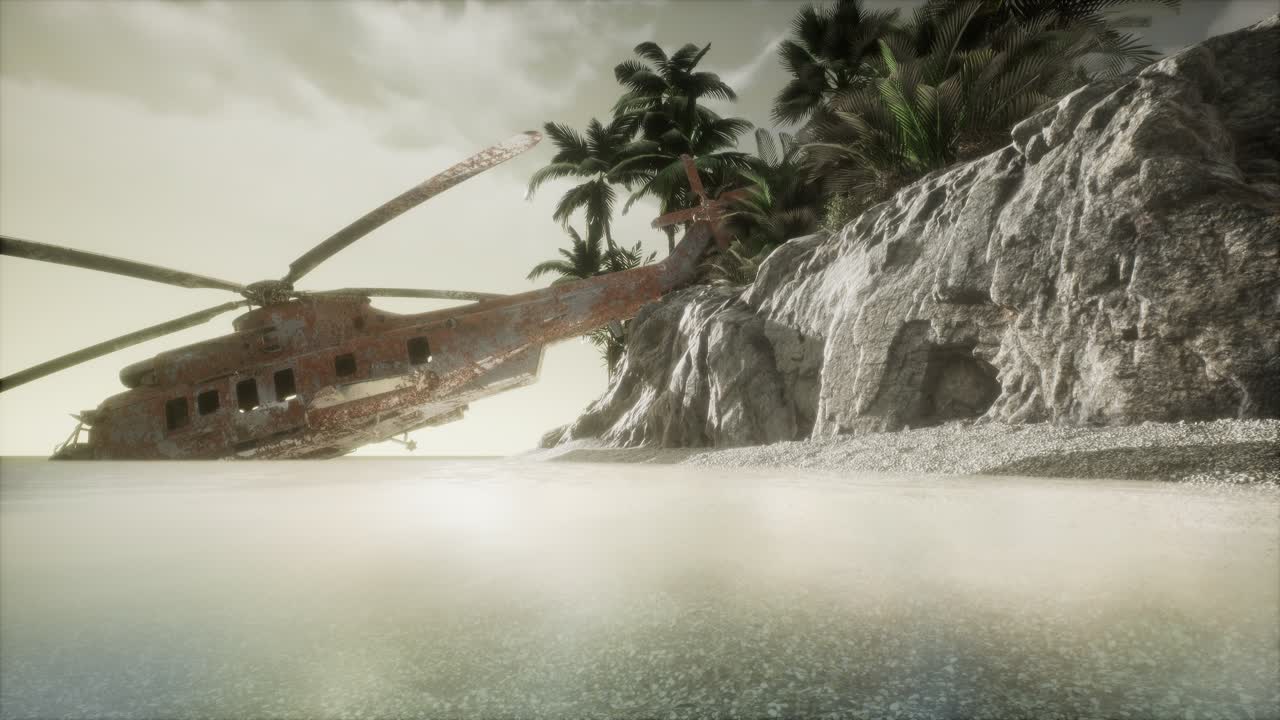 old rusted military helicopter near the island