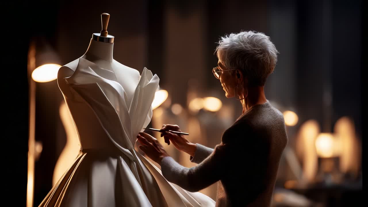 A Fashion Designer Perfects a Stunning Dress Design, Showcasing Elegance and Craftsmanship in a Dimly Lit Atelier, Highlighting the Art of Tailoring and Creativity