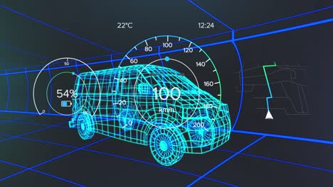 Animación-De-Velocímetro,-GPS-Y-Datos-De-Estado-De-Carga-En-La-Interfaz-Del-Vehículo,-Sobre-Un-Modelo-De-Furgoneta-3D.