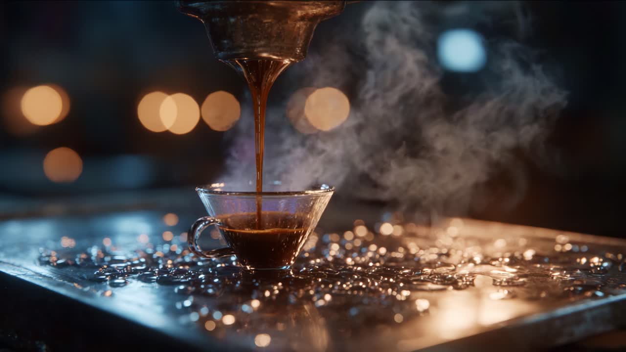 Captivating Coffee Pour: A Stunning Close-Up of Rich Brew Flowing into a Glass Cup Amidst Glowing Background and Evocative Steam, Inviting Senses to Indulge