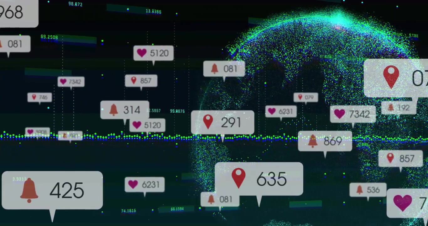 Opening canvas activating waveform as globe rotating and icons updating counts for metrics display