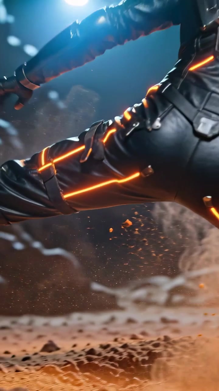 Vertical video: Hovering boot dropping making model in suit scraping rocky ground neon trim on set