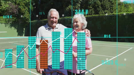 senior couple holding rackets on tennis court, presenting financial bar charts and currency symbols