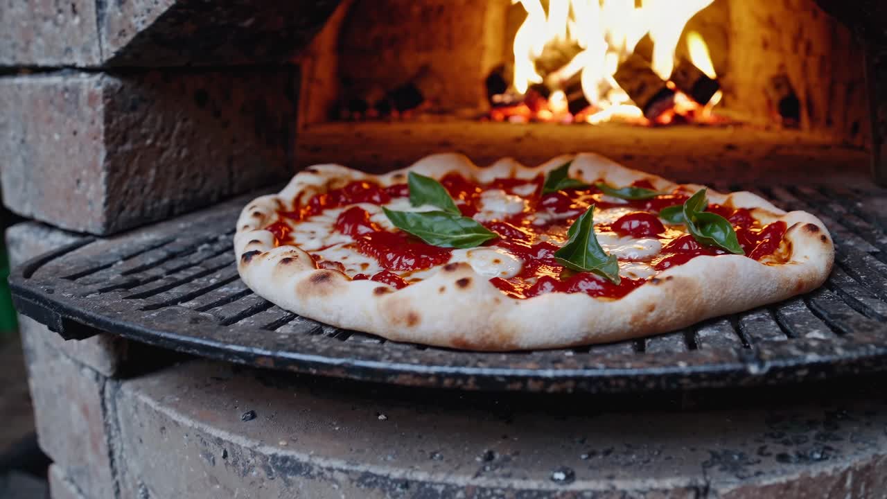 Angolo video ravvicinato di una pizza rustica con foglie di basilico in un forno a legna.