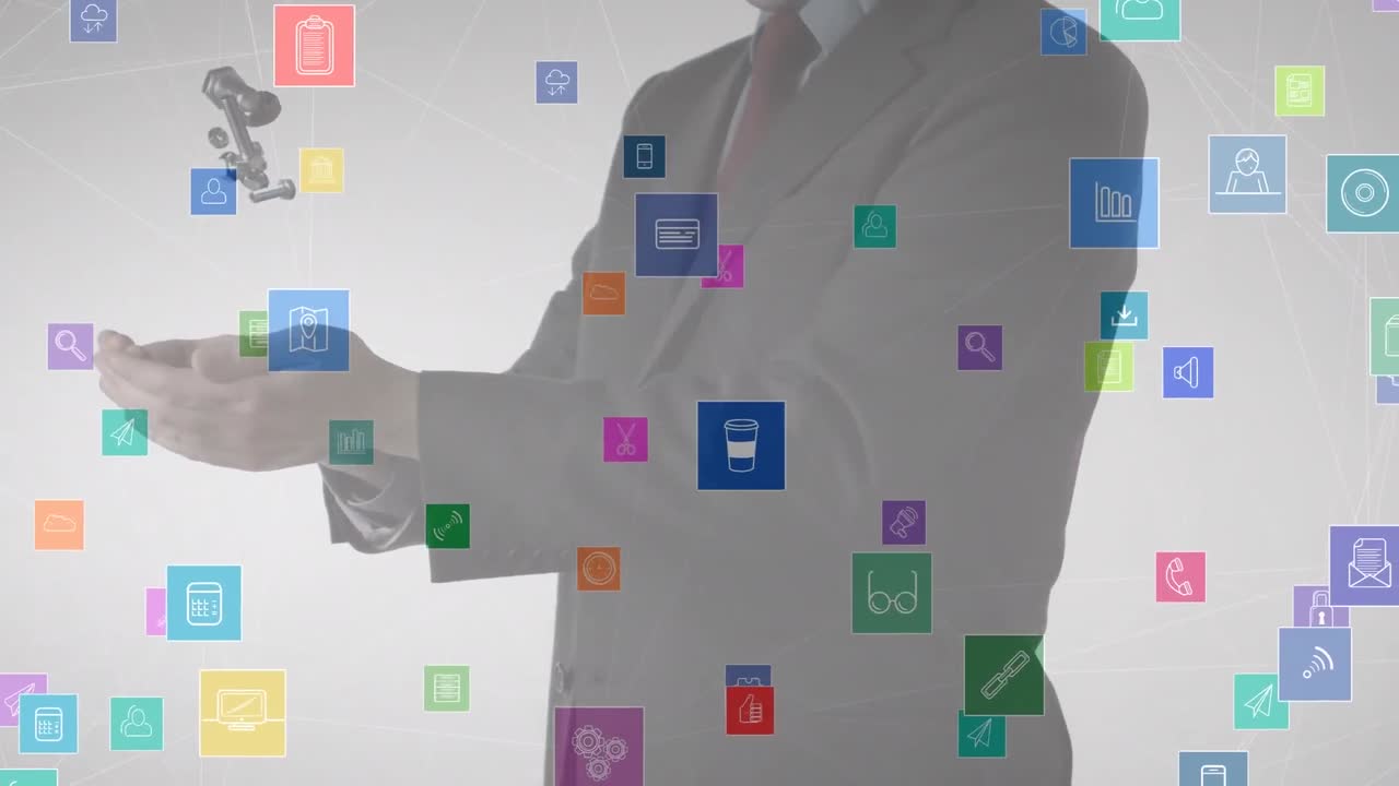 animación de iconos coloridos flotando sobre un hombre de negocios lanzando y atrapando tuercas y pernos