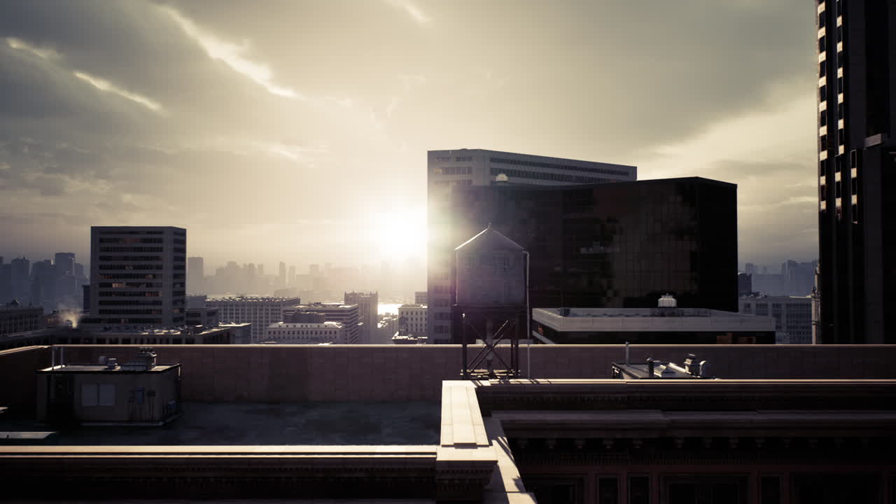 Sunrise over city rooftops with distant skyline in soft morning light