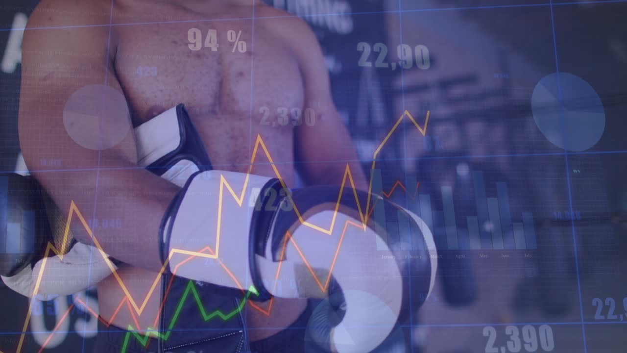 Boxer sliding hand into glove and tightening strap with financial charts overlaying for training