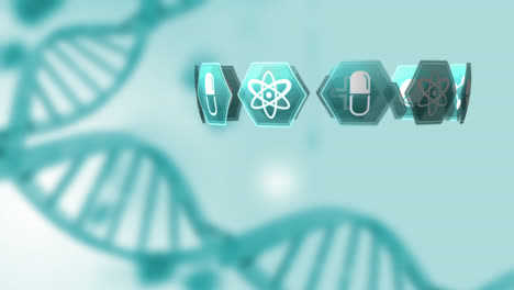 animation of icons moving in a circle with a strand of dna on a green background