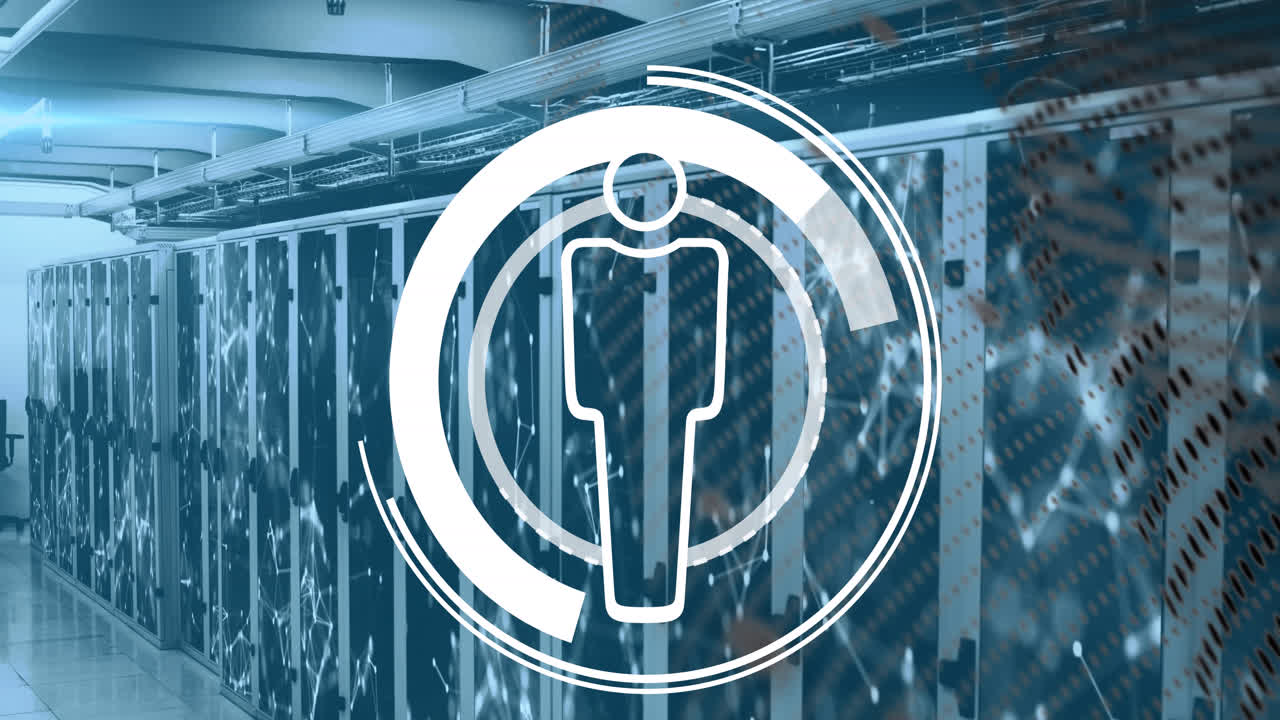 Animation of profile icons and world map against network of connections over computer server room