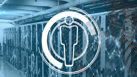 animation of profile icons and world map against network of connections over computer server room