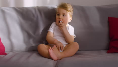 front view of a baby sitting on sofa in living room at home while bitting a toy animal