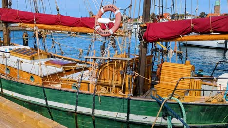 Two-Beautiful-Old-Saling-Ships-Moored-in-a-Swedish-Harbor-Together-with-New-Yachts---Panoramic-Shot