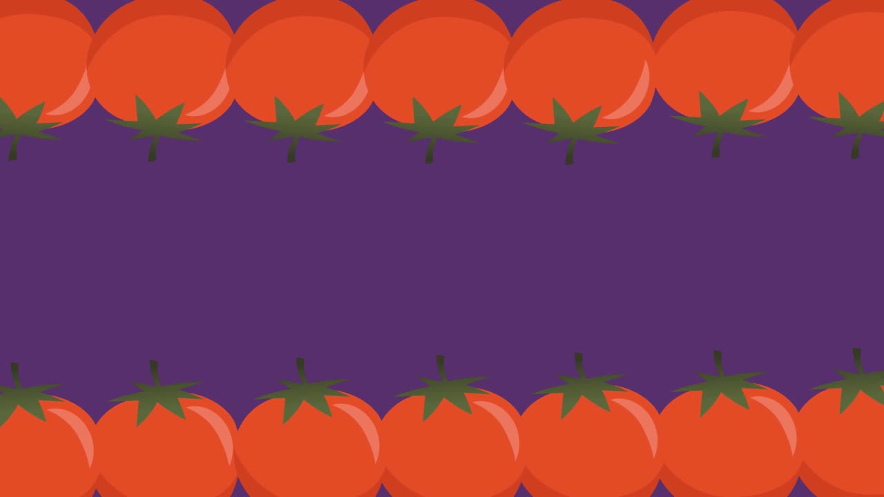 animación de dos filas de tomates rojos que se mueven en la parte superior e inferior del fondo púrpura
